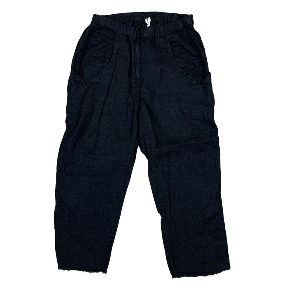 Jaga Black Linen Elastic Waist Relaxed Fit Cropped Pants 1 US‎ 6